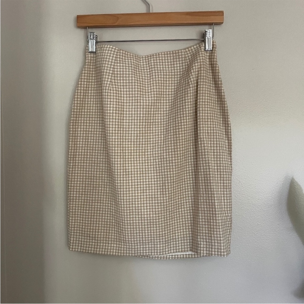 PASTILLE Vintage 90s Beige Gingham Plaid Mini Linen Blend Skirt Size 4